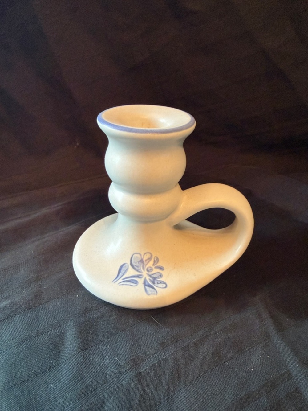 Vintage Style Ceramic Chamberstick Candle Holder - Beige with Blue Floral